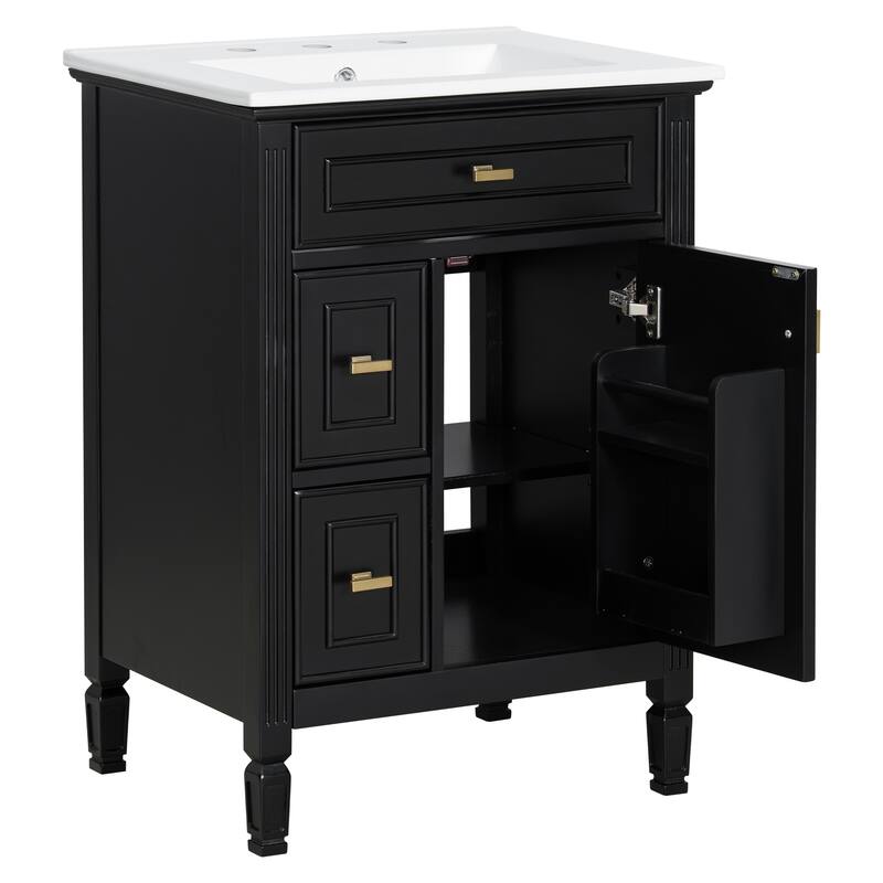 Roomfitters 24" Bathroom Vanity with Sink, Solid Wood Frame, Flip-Out Drawer & Cabinet with Adjustable Shelf