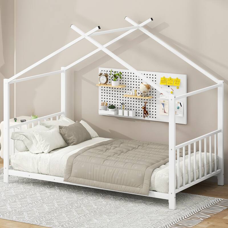 Twin Size Metal House Platform Bed with Roof Design, House Bed with Slats Support for Kids Teens - White
