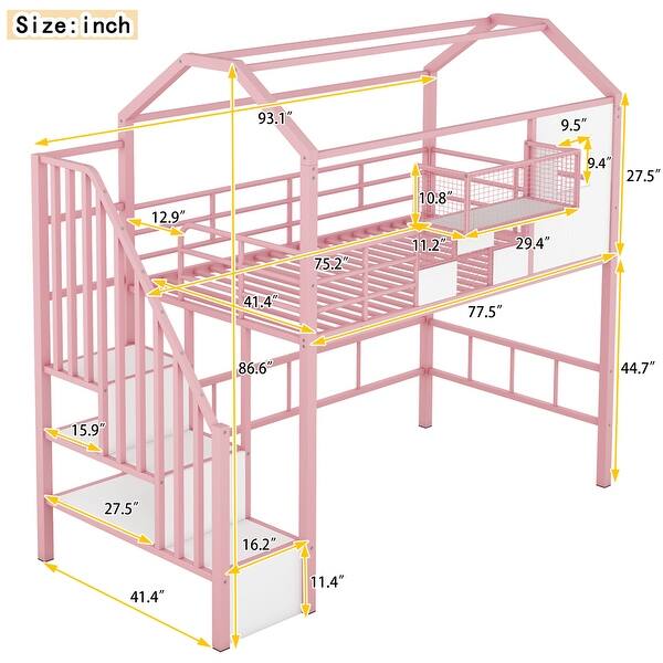dimension image slide 1 of 2, Metal Twin Loft Bed with Roof Design and Storage Box, Pink