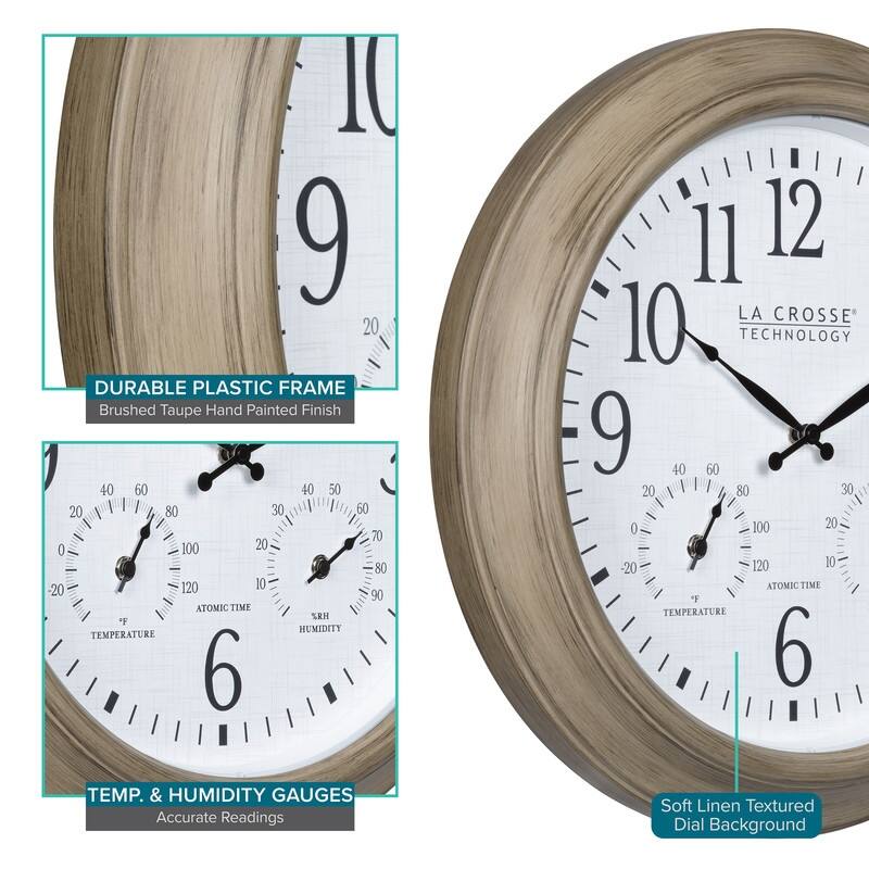 La Crosse 18 Inch Outdoor Tan Atomic Analog Temp Wall Clock, 404-18027