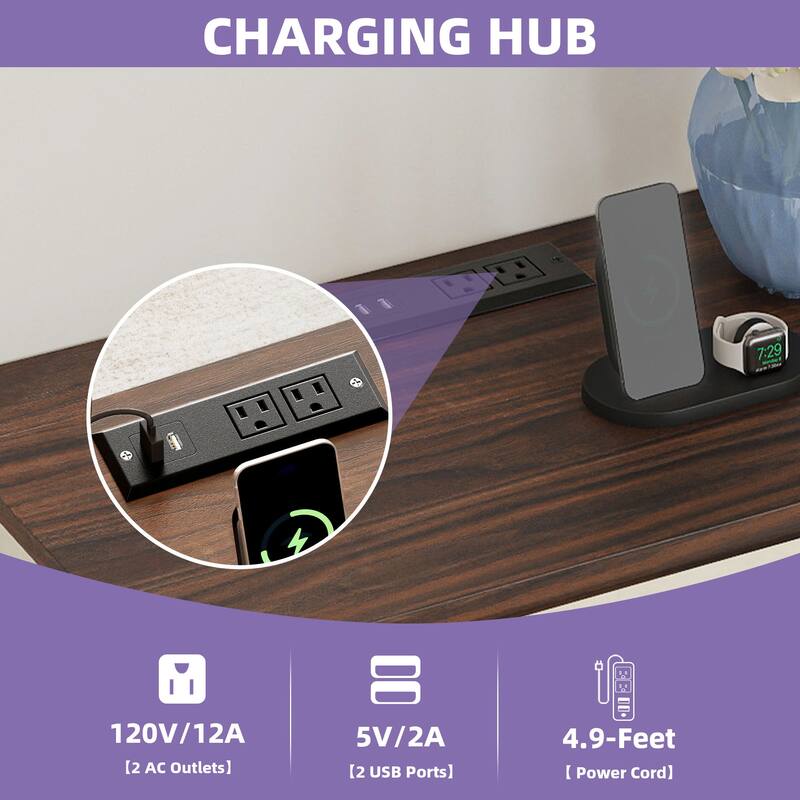 Farmhouse End Table, Sofa Side Table with Charging Station