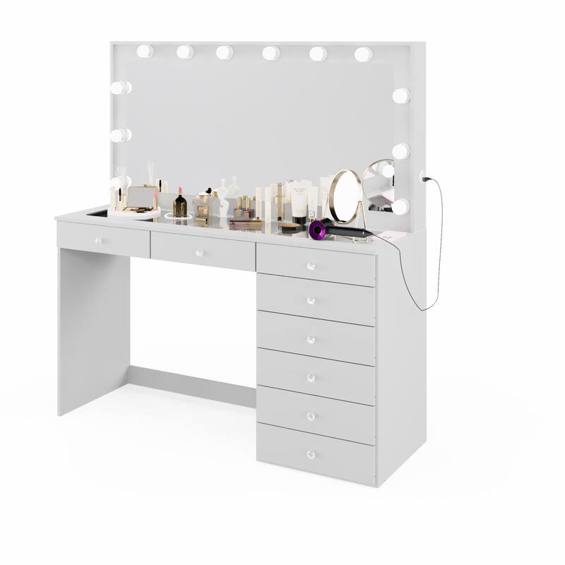 Boahaus Makeup Vanity Desk Glass Top 8 Drawers Crystal Knobs Lighted Mirror