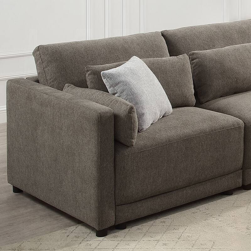 Upholstered Modular Left Facing Armchair with 3 Pillows in Brown