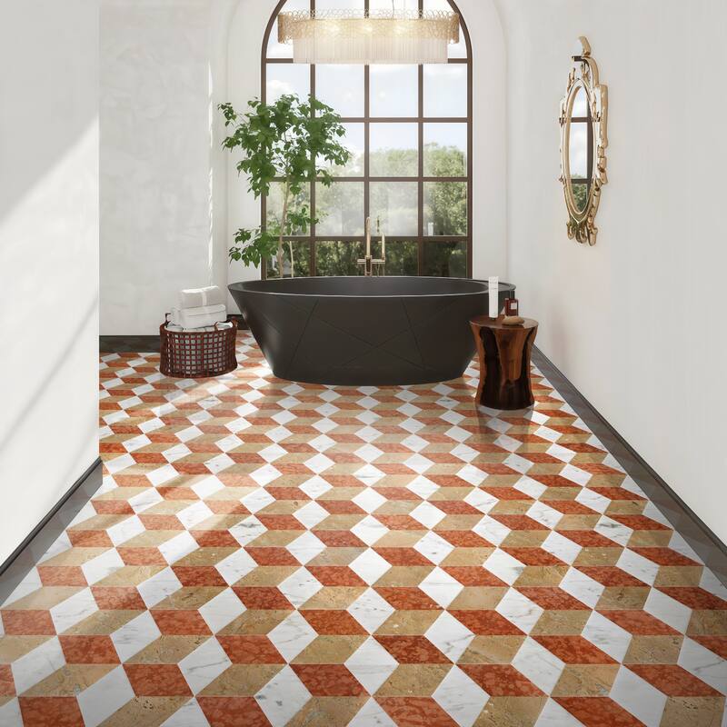 Hexagon Water-jet marble, natural marble, for floor and wall,polished marble tile, natural stone, 1 box 12 pcs - Red,White+Gold