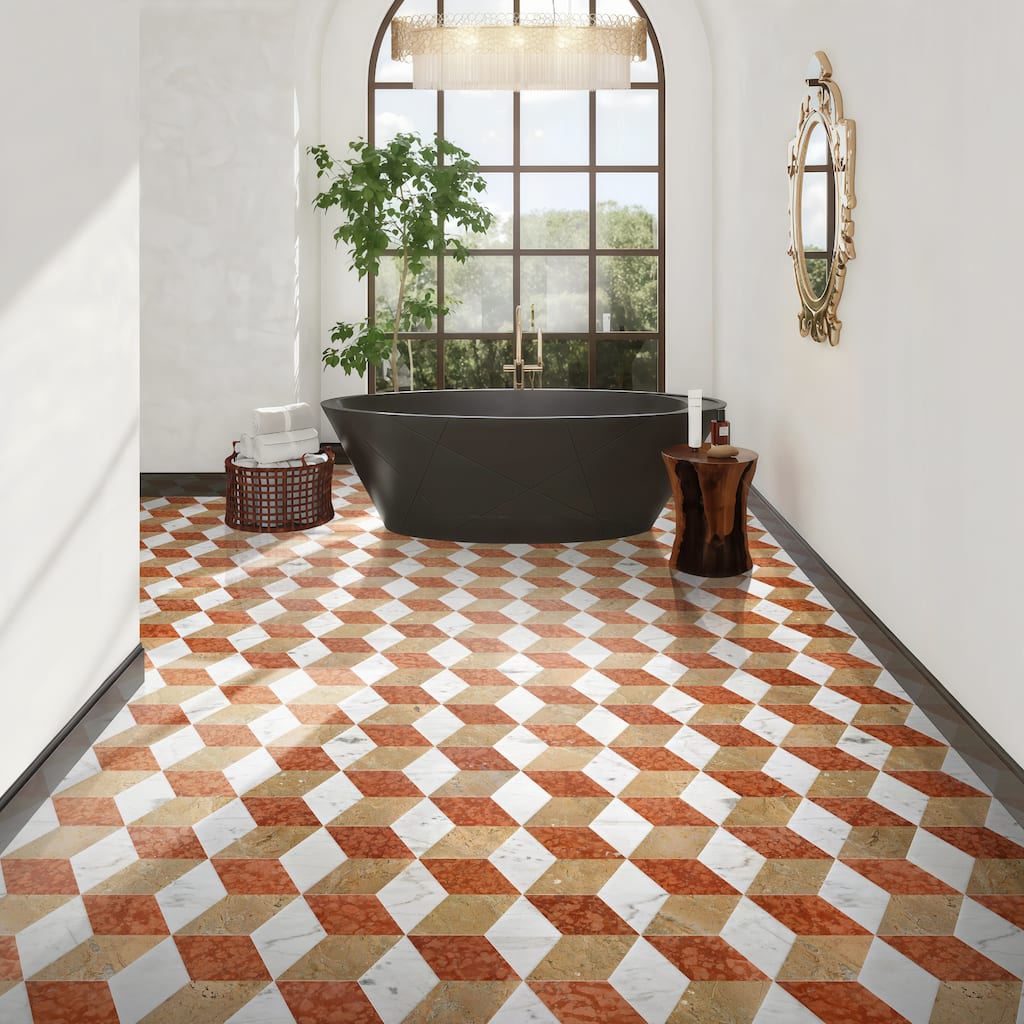 Roomfitters Hexagon Waterjet Marble Tile for Wall and Floor, Polished Natural Stone Mosaic, 12-Piece Box, White Gold Red