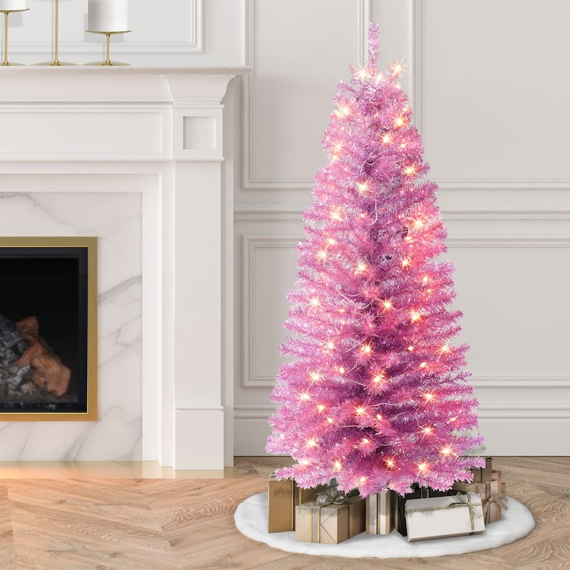 Puleo International 4.5 ft. Pre-lit Pink Tinsel Tree - 4.5 Foot