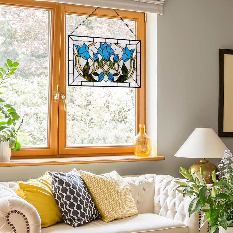 16-in H Blue Floral Vines Multicolored Stained Glass Window Panel - 24" x 0.25" x 16"