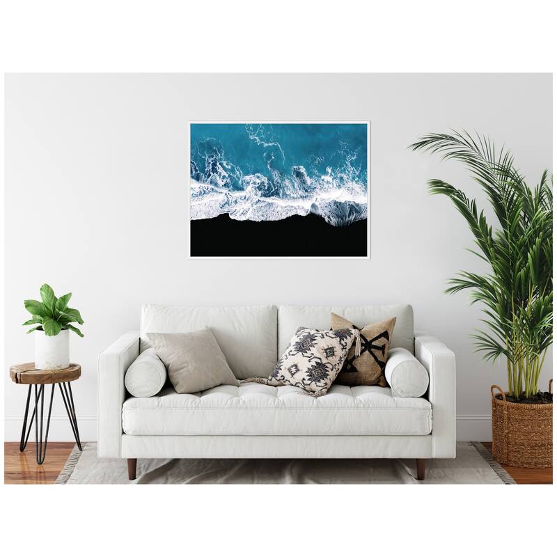 Kate and Laurel Sylvie Minimalist Ocean Waves on the Black Beach in Iceland Framed Canvas by Michael Schauer