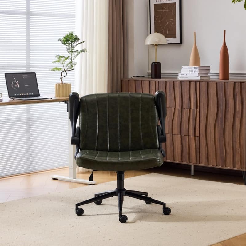 Oil-Waxed Leather Swivel Chair With Flip-Up Armrests