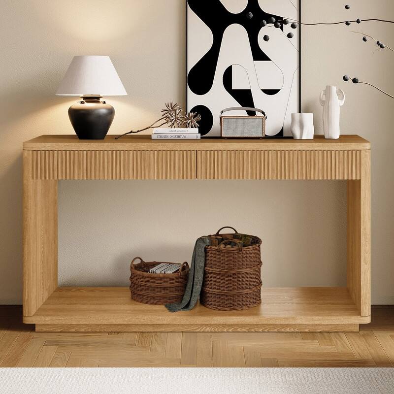 Modern 60-Inch Fluted Console Table with 2 Drawers for Living Room and Hallway Furniture Storage - Natural