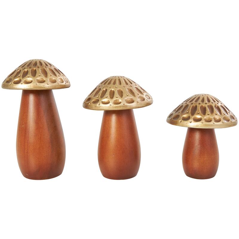 Brown Wood Mushroom Decorative Sculpture with Gold Tops and Groove Patterns (Set of 3)