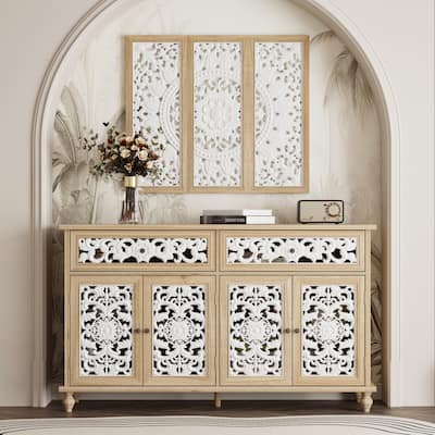 Booksheves Boho Entryway Display Cabinet w Wall Décor White Hollow Carved Panels Sideboard