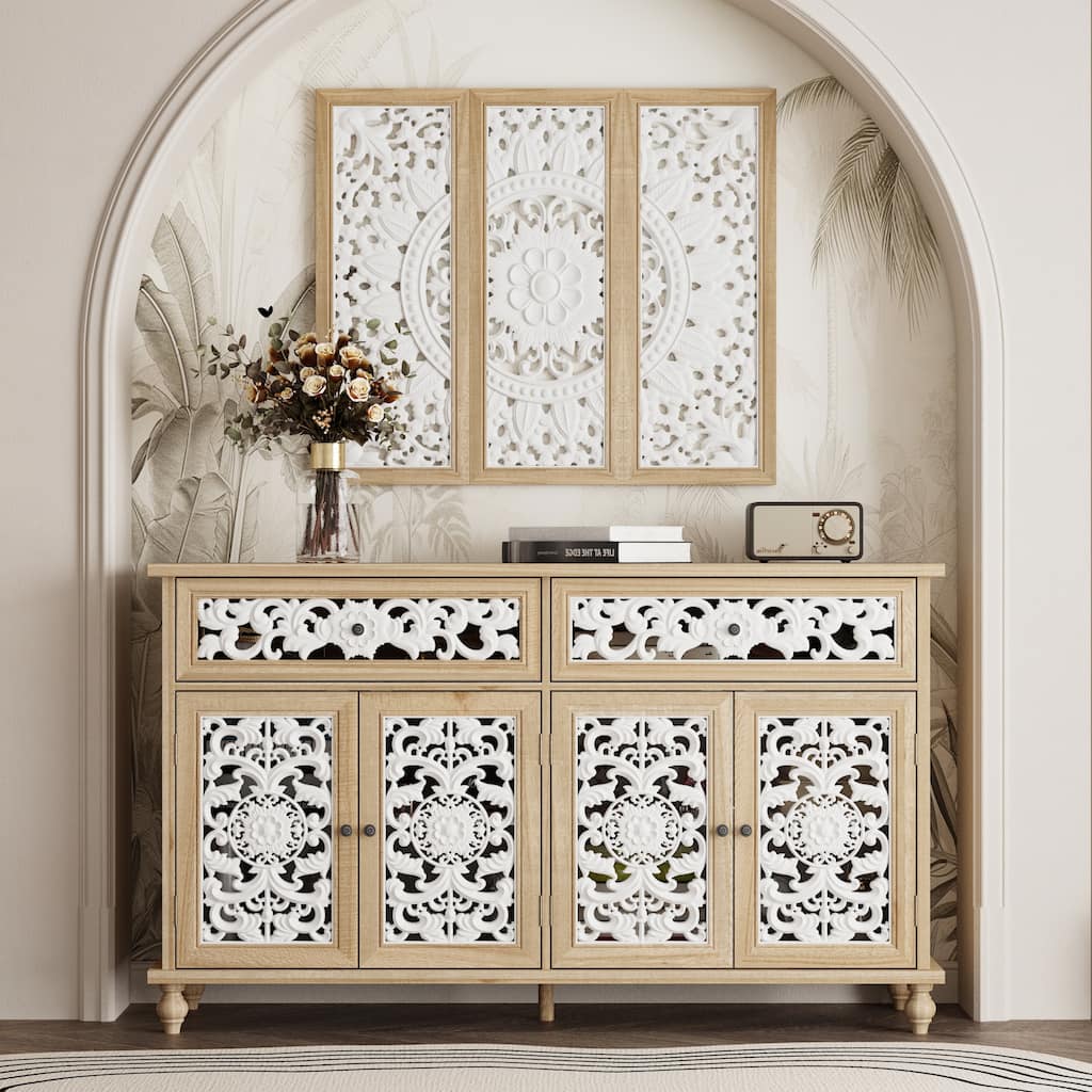 Booksheves Boho Entryway Display Cabinet w Wall Décor White Hollow Carved Panels Sideboard