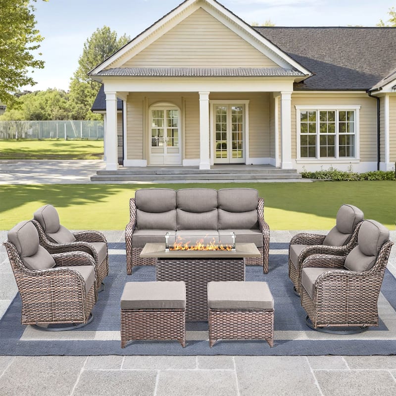 Pocassy 8 Pieces Outdoor 6 Inch Sofa Swivel Chair Ottoman with Fire Table - Gray cushion - Brown Wicker