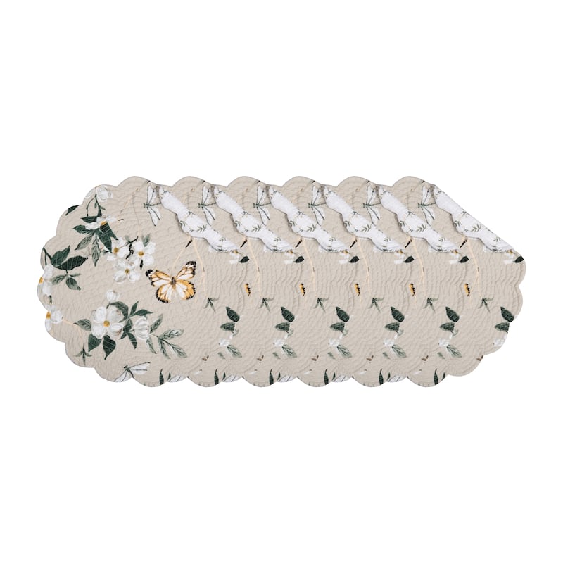 Dogwood Meadows Round Scalloped Placemats Set of 6 Floral Butterfly Design, 17" - Beige