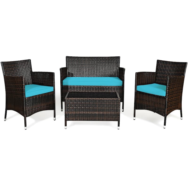 4PCS Patio Rattan Furniture Conversation Set - Turquoise