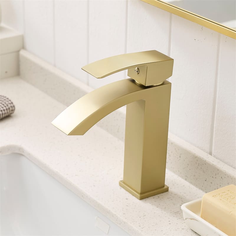 Waterfall Bathroom Faucet Single Handle Bathroon Sink Faucets Brushed Gold One Hole Modern Basin Vanity Taps With Valve