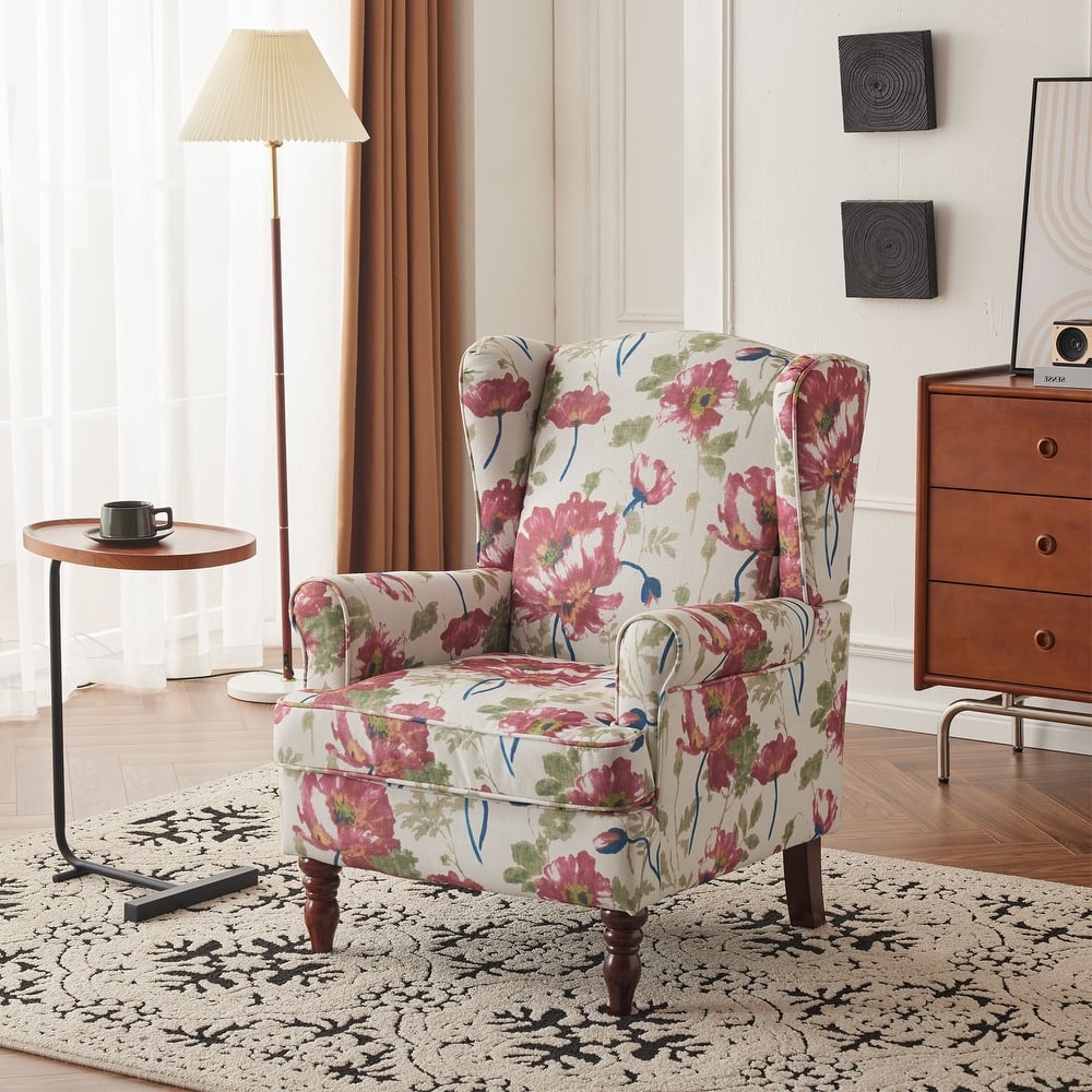 Erommy Modern Accent Chair with High Back, Upholstered Fabric Single Sofa with Button Details and Wooden Legs