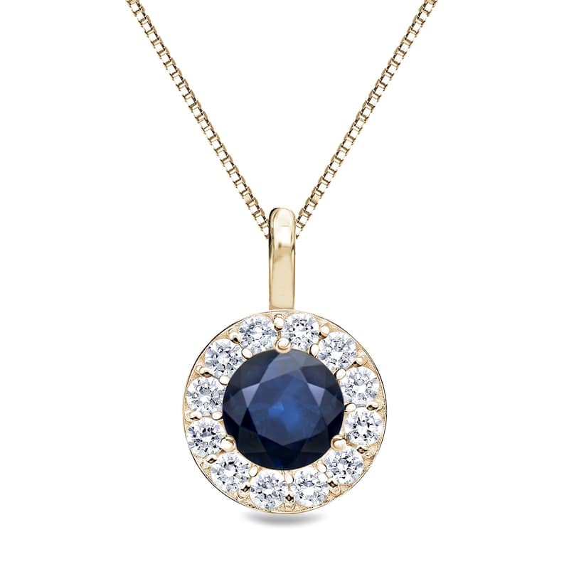 14k Gold Round 3/5ct Blue Sapphire and 2/5ct TDW Diamond Halo Necklace by Auriya - Yellow