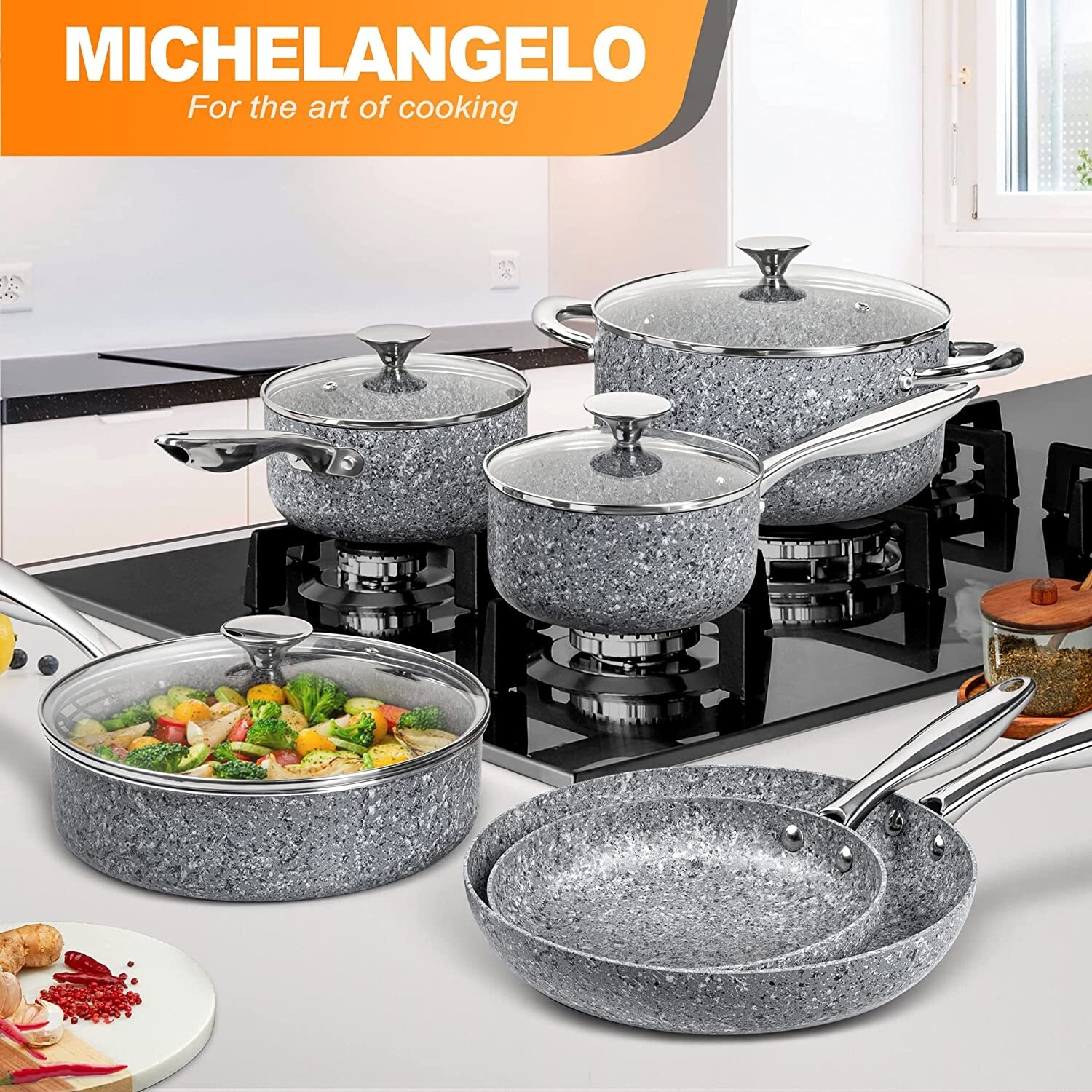 Michelangelo michelangelo hard anodized cookware set, 10-piece pots and pans  set nonstick with granite interior, non toxic cookware set in