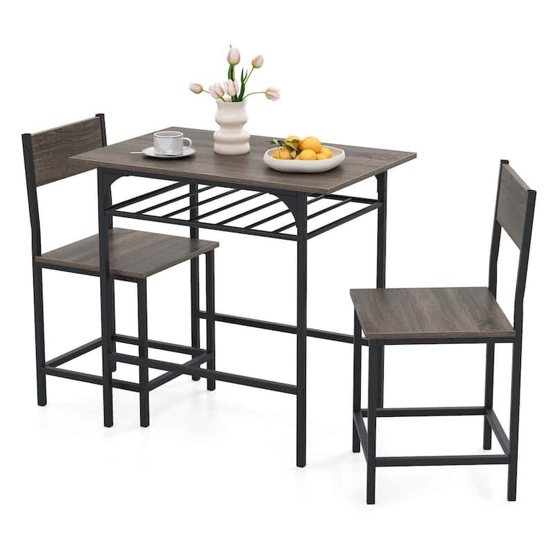 3PCS Dining Table Set Industrial Breakfast Nook Table Set w/ Wine Rack - Grey