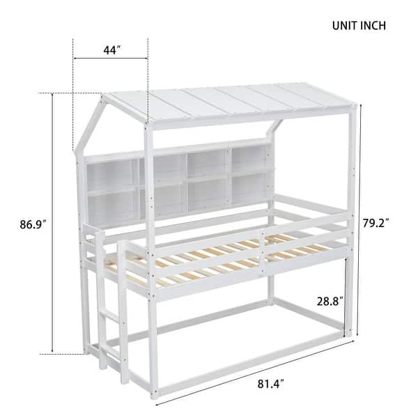 dimension image slide 0 of 2, Twin Size House Loft Bed with Guardrails, Semi-enclosed Roof, Bedside Shelves and Ladder