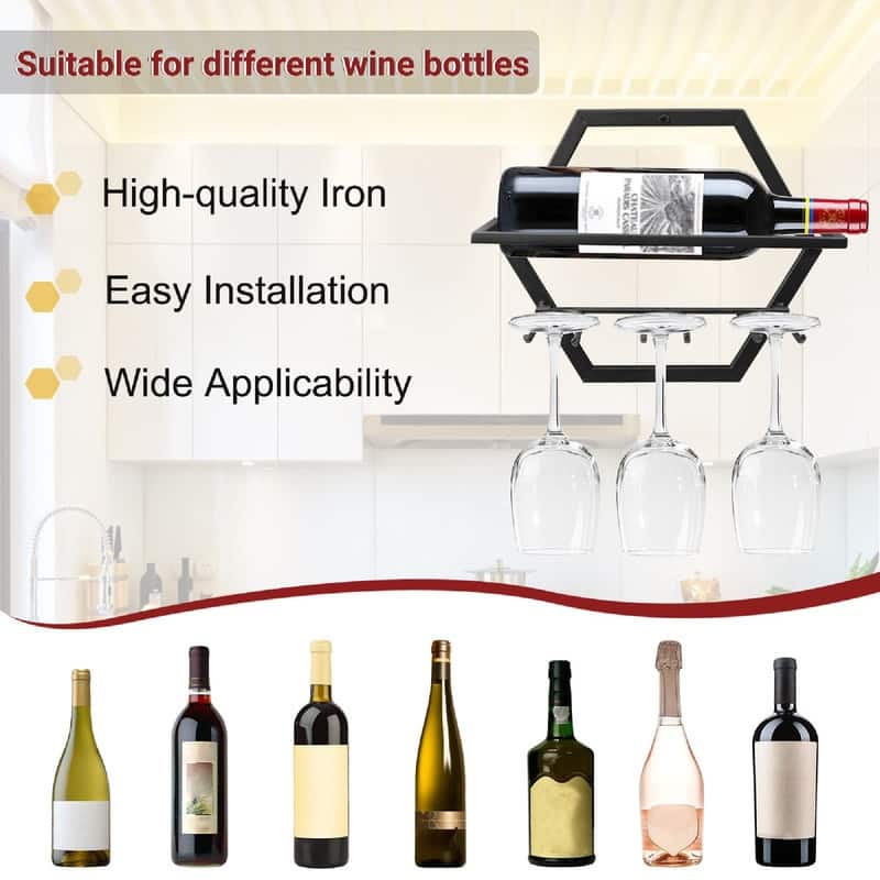 2Pcs Wall Mounted Wine Bottle Stemware Rack - 11"D x 10"W x 1.8"H