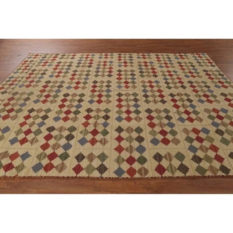 Geometric Kilim Oriental Area Rug Flatweave Beige / Ivory Wool Carpet - 7'8"x 10'0"