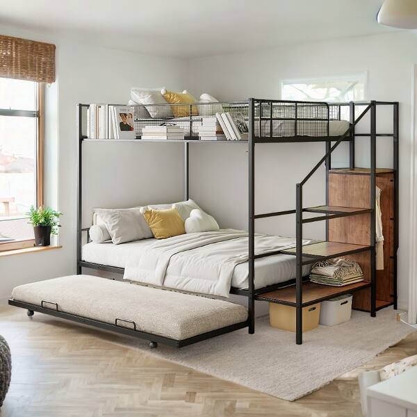 slide 2 of 16, Twin Over Full Metal Bunk Bed with Trundle and Lateral Storage Ladder Black