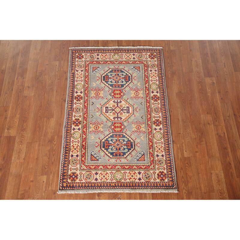 Geometric Kazak Oriental Accent Rug Handmade Grey Wool Carpet - 2'8" x 4'2"