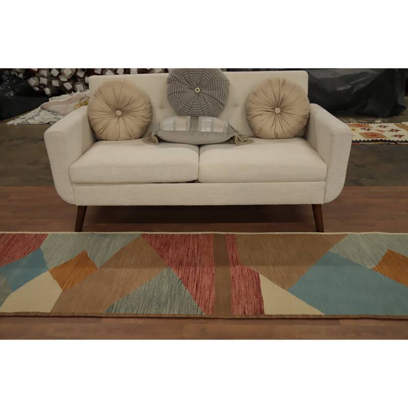 Hand Woven Oriental 100% Wool Carpet Southwestern Modern Multi-Colored Kilim Runner Rug - 9' 10'' X 2' 7''