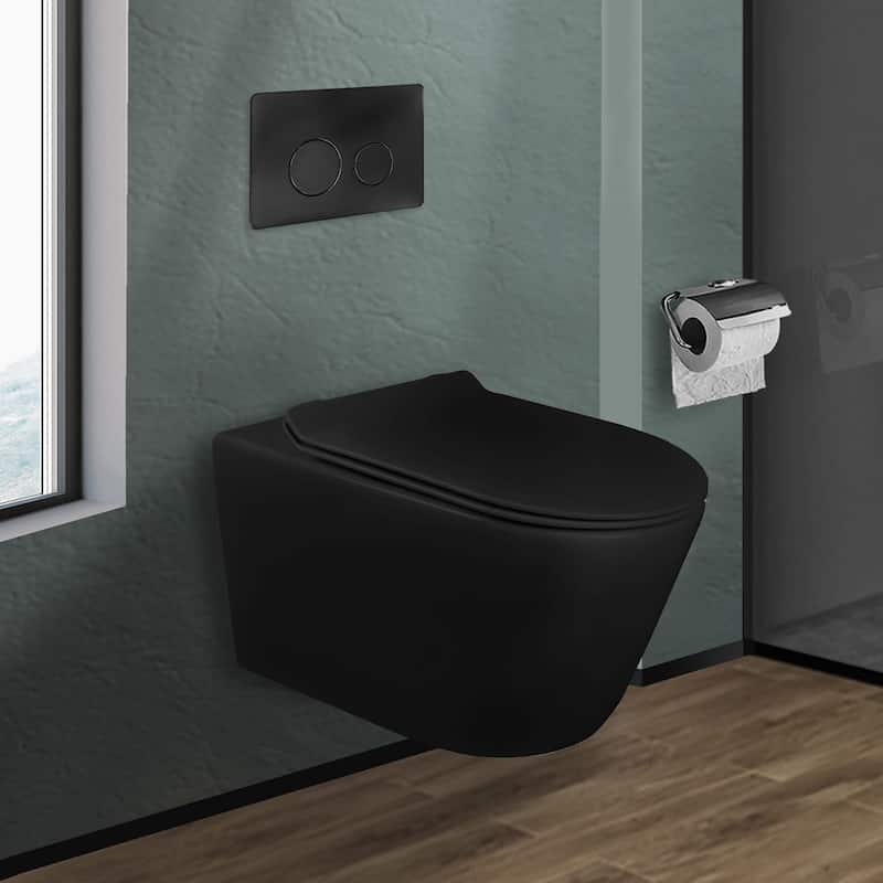 In-Wall toilet Combo Set - Toilet, Tank (2 x 6 Wall), Carrier System - Black Round - Push Plates (Metal) - Black Bowl