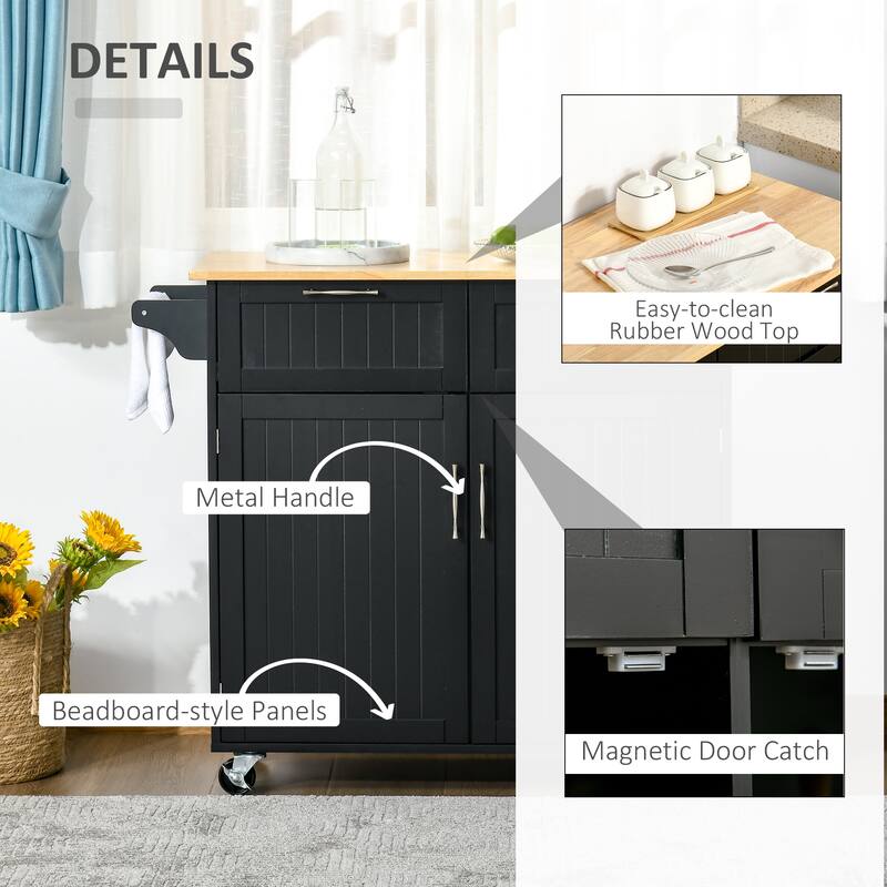 HOMCOM 41" Modern Rolling Kitchen Island, Kitchen Storage Utility Cart Trolley with Rubberwood Top, 2 Drawers, and Towel Rack