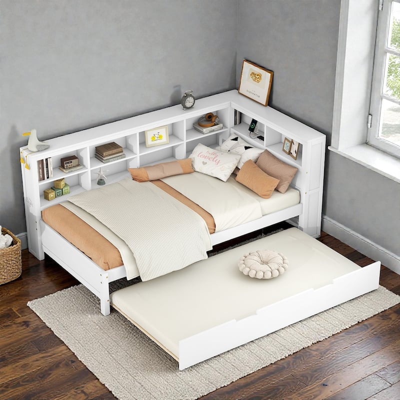 Twin/Full Wooden Daybed with Twin Trundle, Storage Shelf, USB Charging Ports, Slat Support, Space-Saving Design