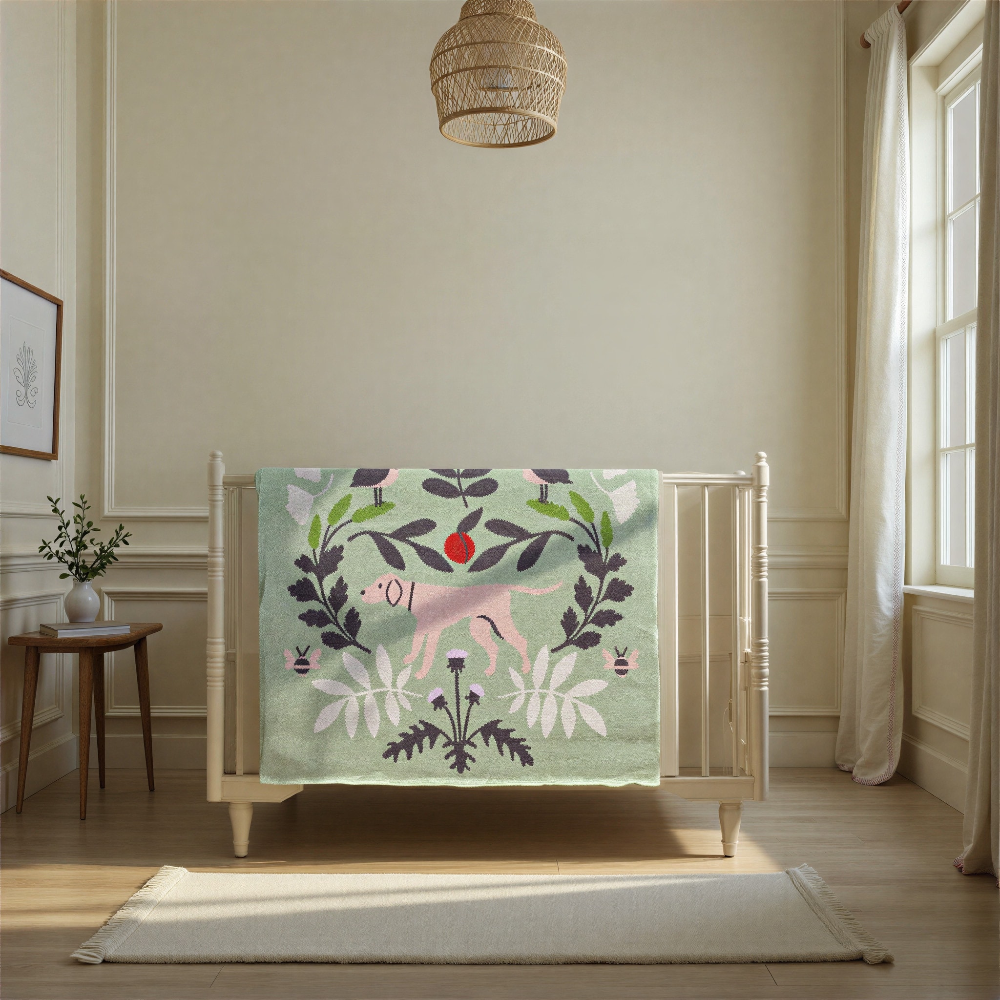 Cotton Knit Baby Blanket with Botanical and Animal Motifs - 40.0"L x 32.0"W x 0.25"H