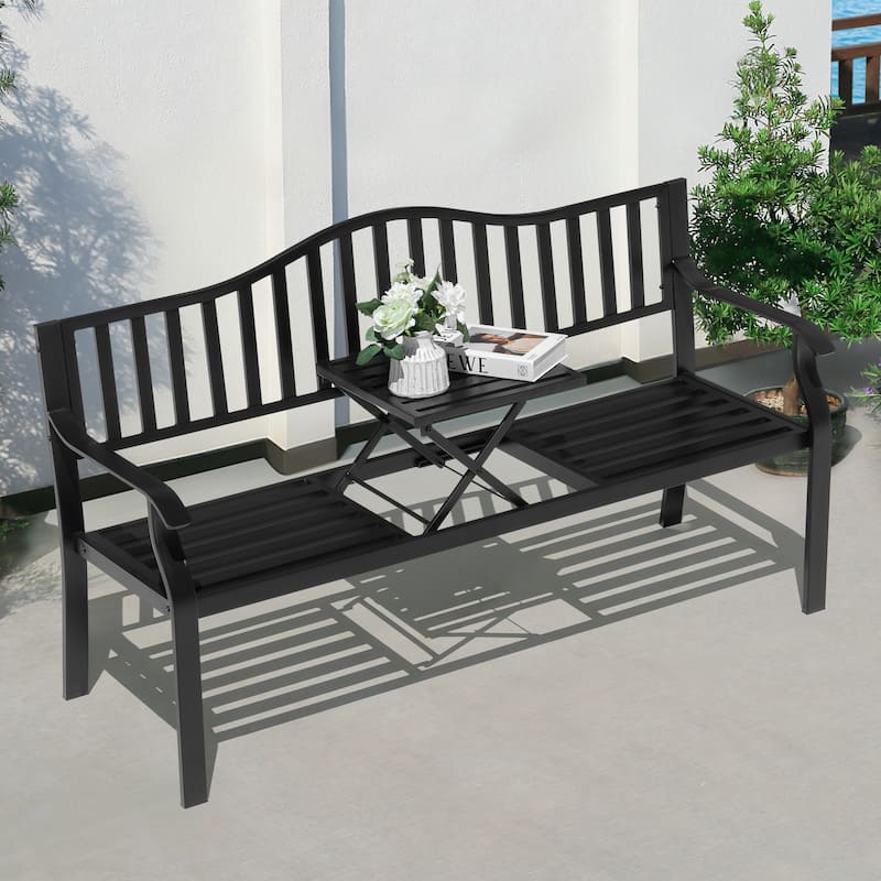 E-Coated Metal Frame Outdoor Bench with Backrest and a Built-In Small Table, Black - Black