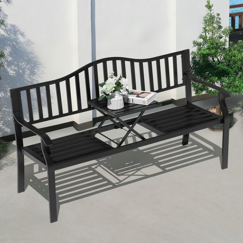 E-Coated Metal Frame Outdoor Bench with Backrest and a Built-In Small Table, Black