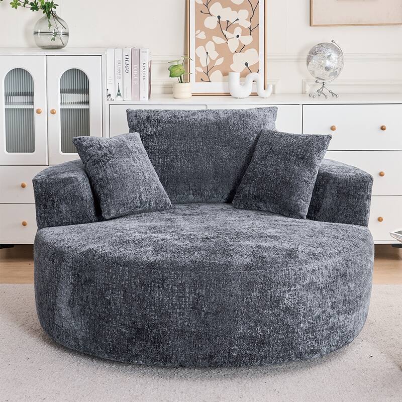 Round Accent Chair with High-Resilience Cushions, Swivel Chenille Barrel Chair, Fluffy Sleeper Lounge Chair