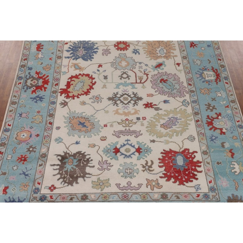 Beige / Ivory Floral Oushak Area Rug Hand-Knotted Wool Carpet - 9'1" x 11'9"