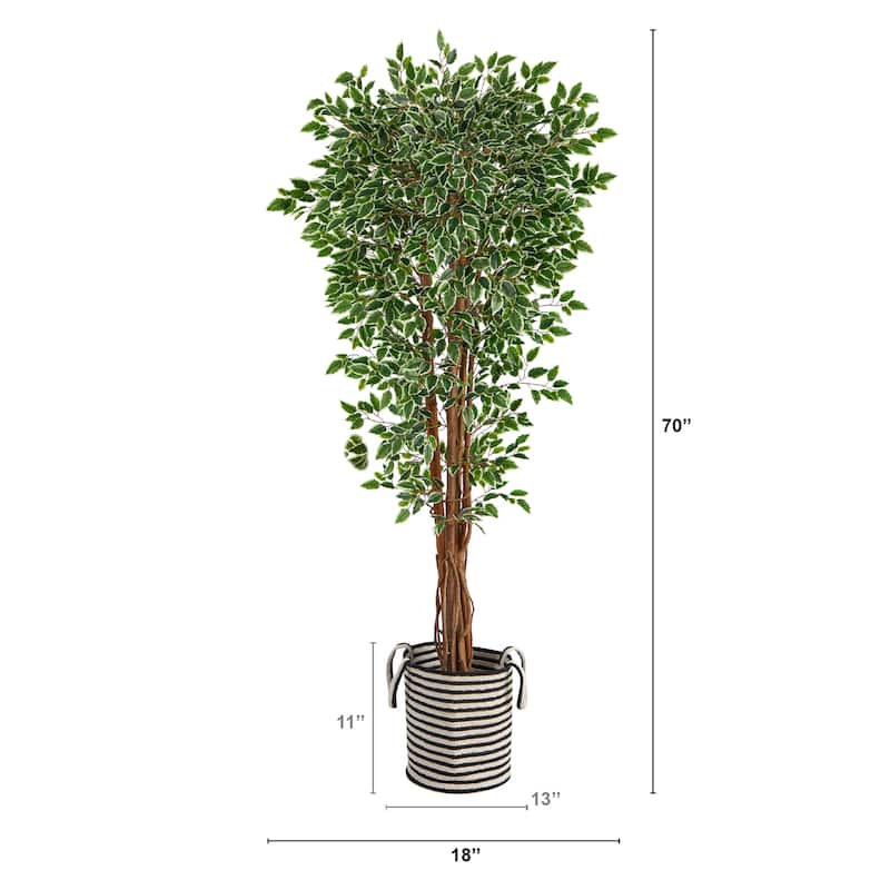 70in Variegated Ficus Artificial Tree in Handmade Black and White Jute Planter with UV Resistant Green Foliage Decor