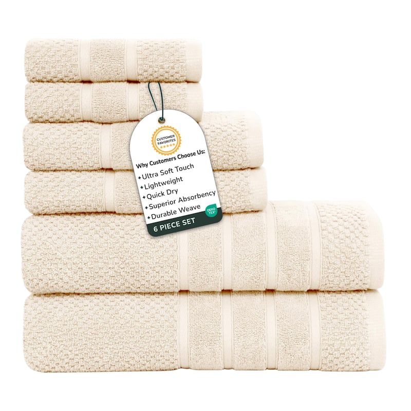 Feather and Stitch NY 650 GSM Premium Cotton 6 Piece Towel Set Super Absorbent Quick Dry Spa Quality - Ivory