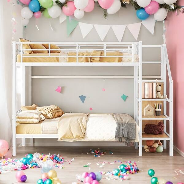 slide 2 of 26, Full Over Full Metal Bunk Bed with Lateral Storage Ladder and Wardrobe,Simple Yet Contemporary Bunk Bed,White White