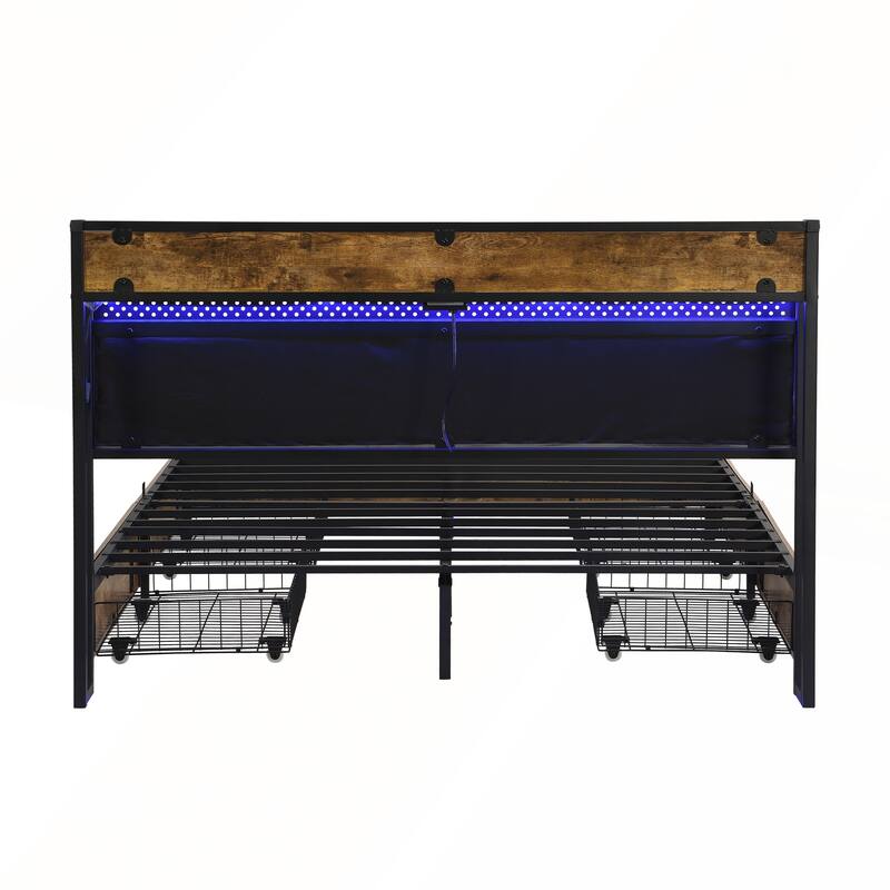 Full Size Bed Frame with Charging Station and LED Lights