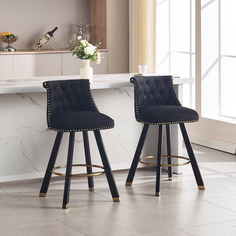 Versatile Velvet Tufted Bar Chairs Set of 2 Swivel Bar Stools with Back Pull Ring, Rivet Decoration and Wooden Square Foot