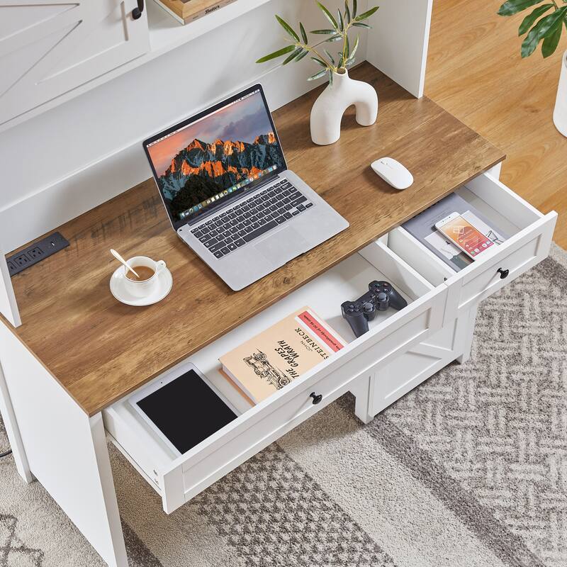 47" Farmhouse Executive Desk with Drawers, Wood Home Office Desk w/Charging Station, File Drawer, Storage Cabinet