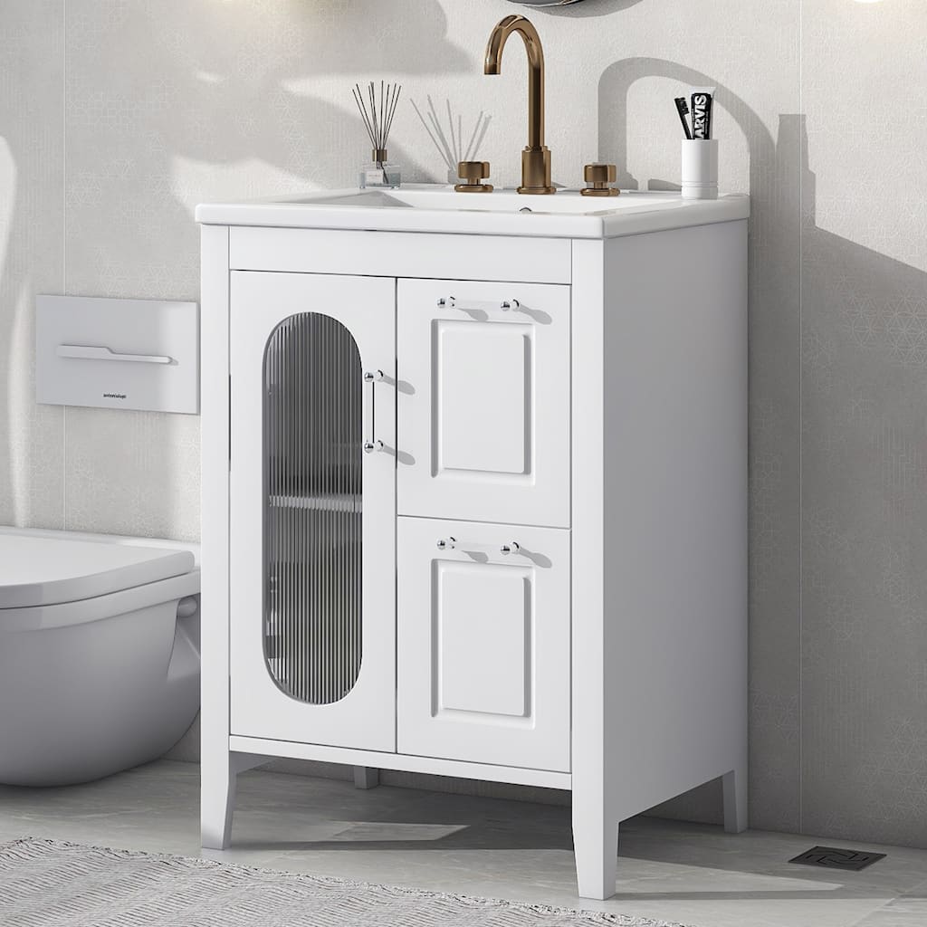Bathroom Vanity with Sink, Vanity Set with Glass Door and 2 Drawers, Wooden Bathroom Cabinet with Adjustable Shelf