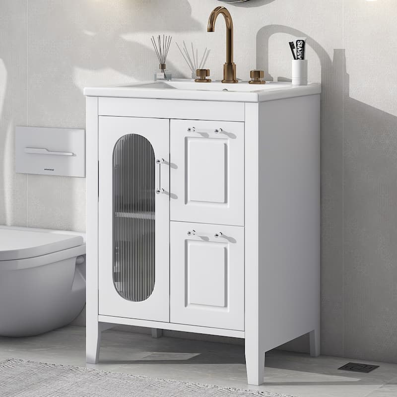 GDFStudio - Emma 24-Inch Bathroom Vanity with Ceramic Sink, Moru Glass Door and Adjustable Storage - White - 24"