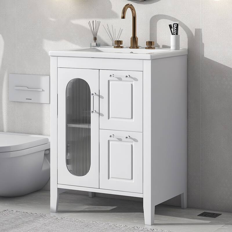 Roomfitters 24" Bathroom Vanity with Sink, Solid Wood Frame & Moru Glass Door, 2 Drawers & Adjustable Shelf - White