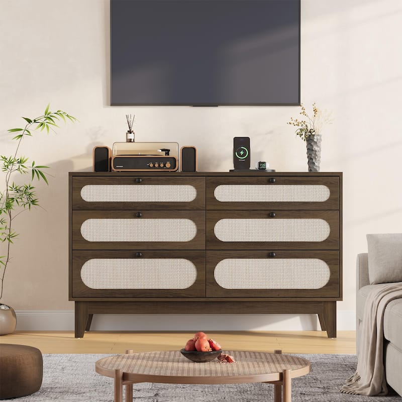 6-Drawer Rattan Dresser with Power Outlet, Wooden Chest of Drawers