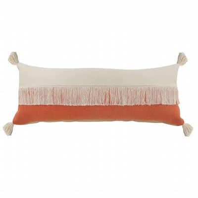HomeRoots 14" X 36" Orange And Off-White 100% Cotton Zippered Pillow